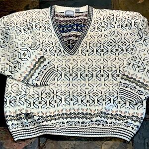 Concrete mix 90s V Neck boxy heavy Sweater Geometric Beige Tan Blue Cosby MEN 2X
